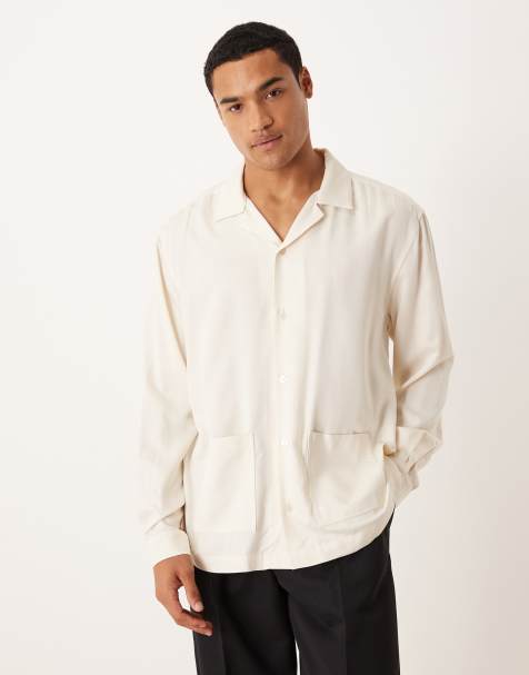 ASOS DESIGN relaxed revere shirt with pockets in cream