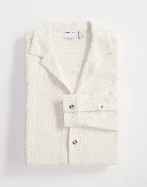ASOS DESIGN – Kremowa koszula o luźnym kroju z kołnierzykiem kubańskim w falisty koszykowy wzór