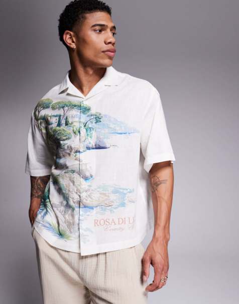 ASOS DESIGN boxy oversized revere shirt with placement print in cream