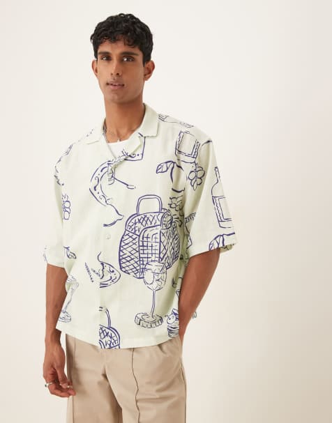 ASOS DESIGN boxy oversized revere shirt with picnic print in cream
