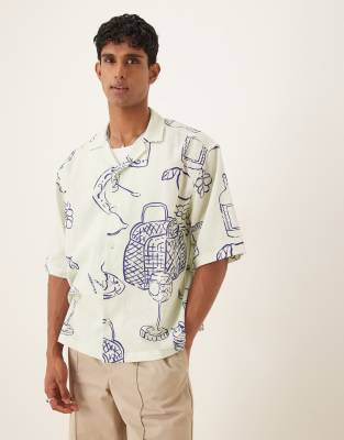 ASOS DESIGN – Kremowa koszula o pudełkowym kroju oversize, z kołnierzykiem kubańskim i wzorem z motywem pikniku