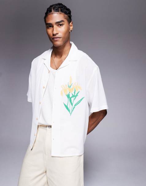 ASOS DESIGN boxy oversized shirt with chest embroidery in cream