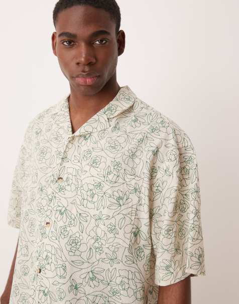 ASOS DESIGN boxy oversized revere linen look shirt with floral print in cream