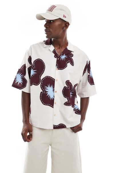 ASOS DESIGN oversized shirt with half sleeve in cream flower print