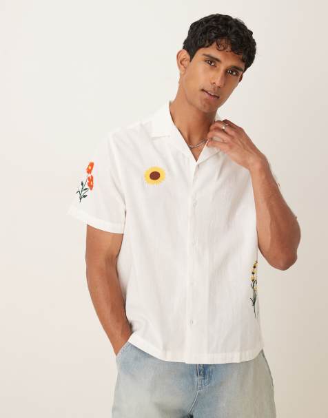 ASOS DESIGN revere shirt with placement print in cream