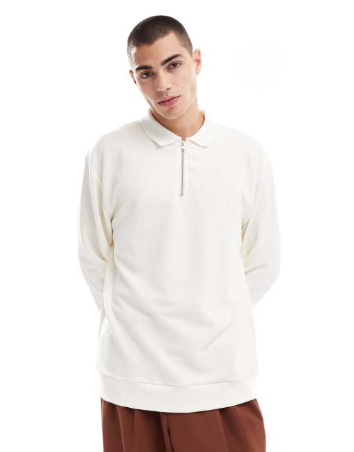 ASOS DESIGN – Kremowa luźna koszulka polo z zamkiem pod szyją i długimi rękawami