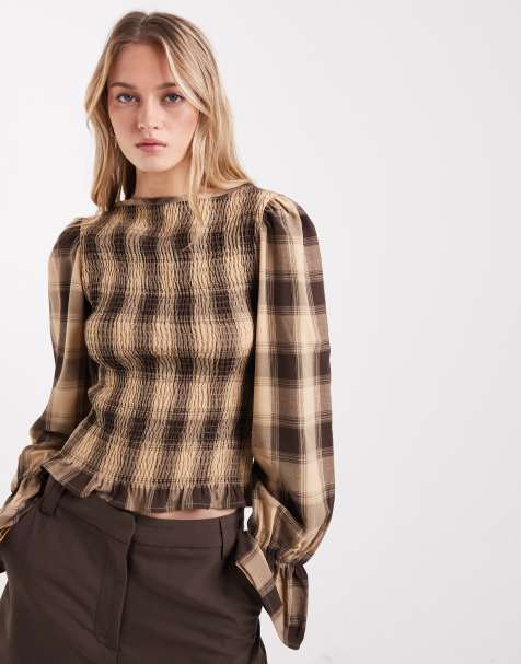 ASOS DESIGN – Kremowa marszczona bluzka z długimi rękawami w kratę - view 1