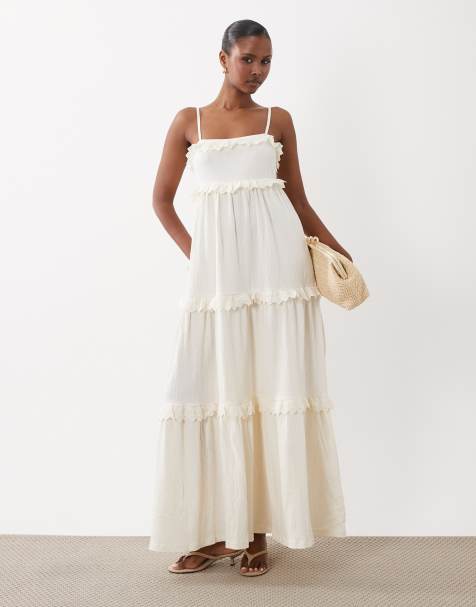 ASOS DESIGN – Kremowa marszczona sukienka warstwowa midi na ramiączkach z koronką - view 1