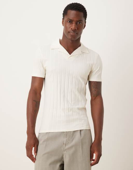 ASOS DESIGN – Kremowa podkreślająca sylwetkę koszulka polo z kubańskim kołnierzykiem w grube prążki
