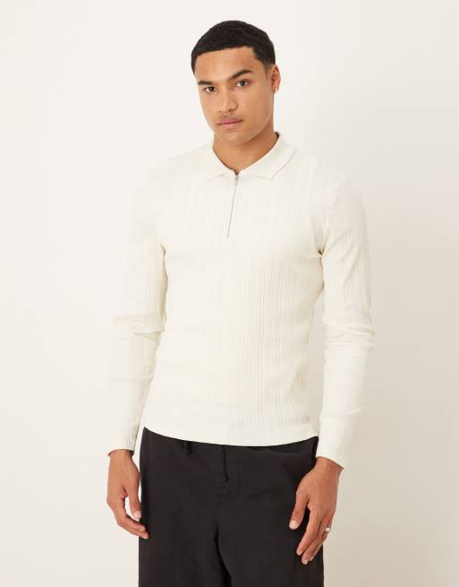 ASOS DESIGN – Kremowa prążkowana koszulka polo o kroju podkreślającym sylwetkę z zamkiem