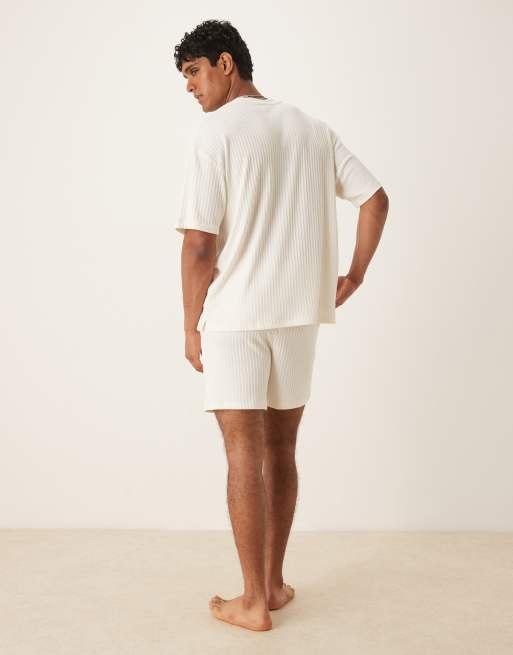 ASOS DESIGN – Kremowa prążkowana piżama z dekoltem henley, 4 z 4
