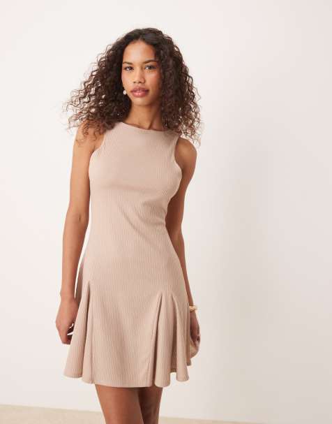 ASOS DESIGN rib flippy skater rib mini dress in cream