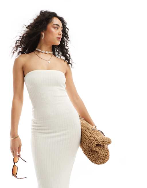 ASOS DESIGN – Kremowa prążkowana sukienka midi bandeau, 3 z 4
