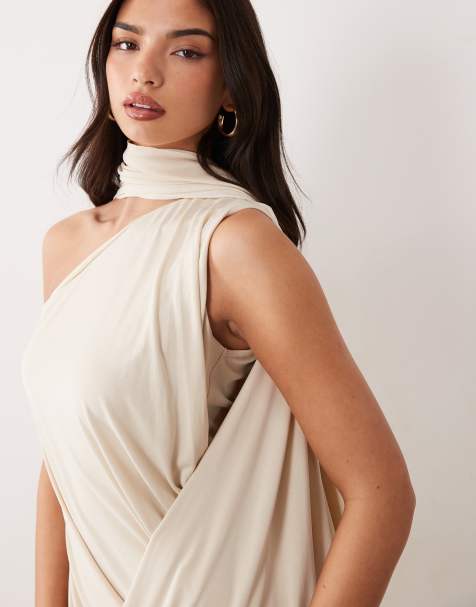 ASOS DESIGN – Kremowa sukienka kopertowa na jedno ramię z szalikiem - view 1