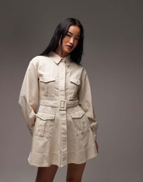 ASOS DESIGN utility shirt mini dress with belt in cream