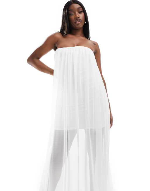 ASOS DESIGN – Kremowa sukienka maxi z dekoltem bandeau i siateczkową warstwą wierzchnią
