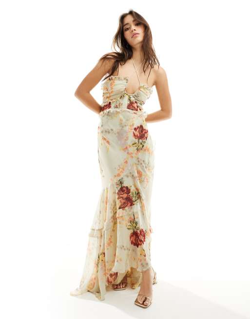 ASOS DESIGN – Kremowa sukienka maxi z dekoltem typu halter, falbanką i asymetrycznym dołem w kwiatowy wzór