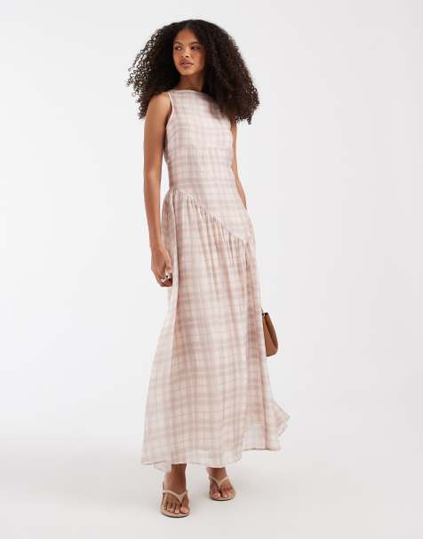 ASOS DESIGN – Kremowa sukienka midi w kratę z prostym dekoltem i asymetrycznym dołem - view 1