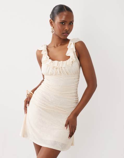 ASOS DESIGN square neck devore mini dress with lace up back in cream 