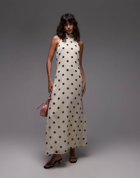 ASOS DESIGN – Kremowa szyfonowa sukienka maxi w groszki z zabudowanym dekoltem typu halter - view 1