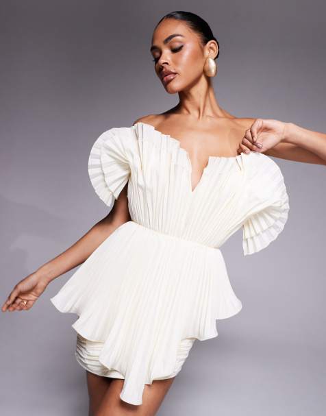 ASOS DESIGN – Kremowa usztywniana sukienka mini z dekoltem bandeau z fakturowanego materiału - view 1