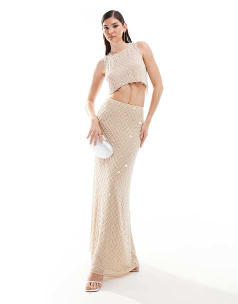 ASOS DESIGN – Kremowa zdobiona spódnica maxi premium w kratę, część zestawu - view 1
