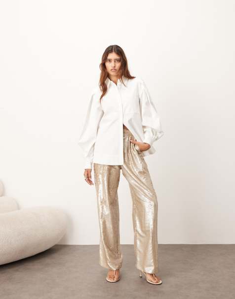 ASOS DESIGN – Kremowe eleganckie cekinowe spodnie z prostymi nogawkami - view 1