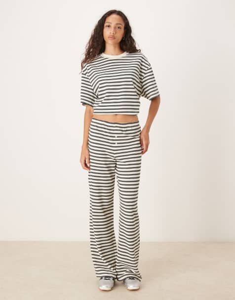 ASOS DESIGN textured stripe wide leg trouser in cream stripe