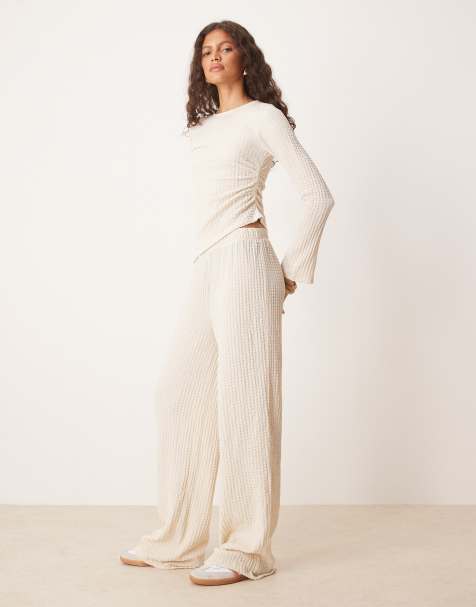 ASOS DESIGN co-ord textured wide leg trouser in cream