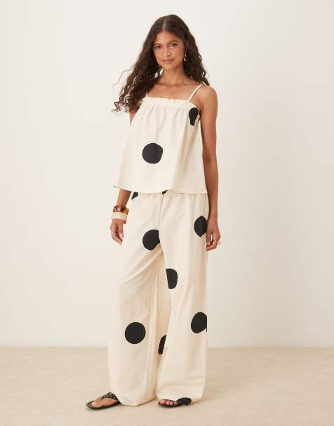 ASOS DESIGN linen blend pull on trouser in cream polka dot co ord