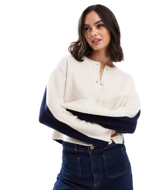 ASOS DESIGN – Kremowo-granatowy kardigan z okrągłym dekoltem i wzorem w bloki kolorów
