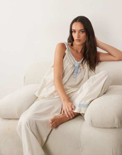 ASOS DESIGN – Kremowo-niebieski zestaw z tkaniny w stylu milkmaid w groszki ze wstążką: top i spodnie - view 1