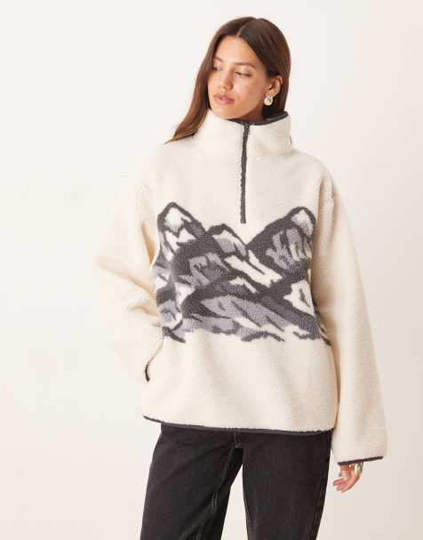 ASOS DESIGN borg half zip fleece with placement mountain print in cream and grey