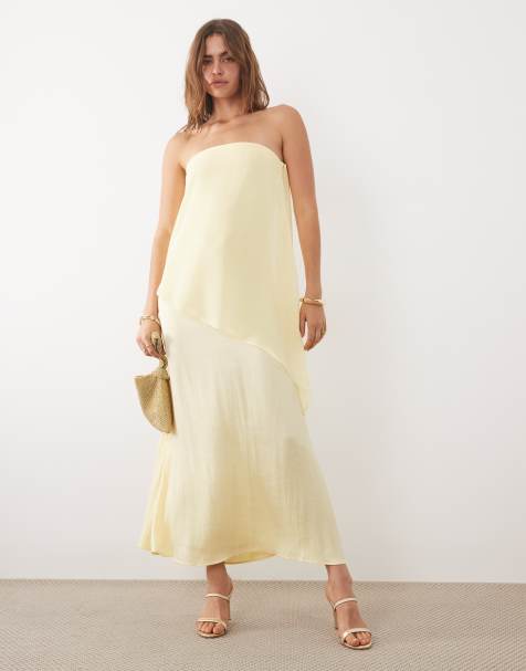 ASOS DESIGN – Kremowożółta satynowa dwuwarstwowa asymetryczna sukienka maxi - view 1