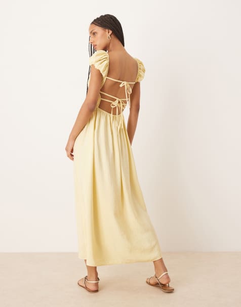 ASOS DESIGN – Kremowożółta sukienka midi z dekoltem karo, krótkimi rękawami i marszczoną talią - view 1