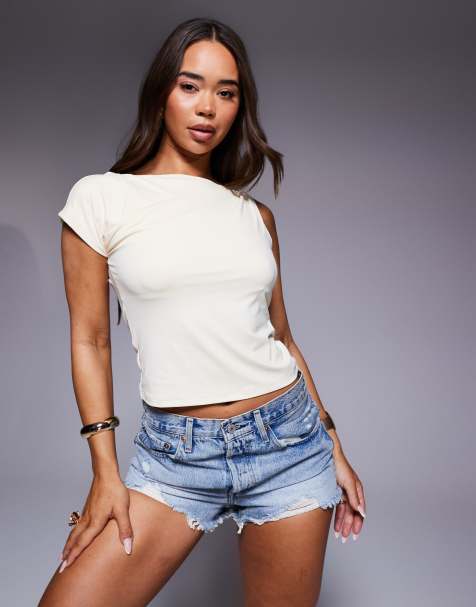 ASOS DESIGN – Kremowożółty asymetryczny top z poliamidu z supełkiem na ramieniu - view 1