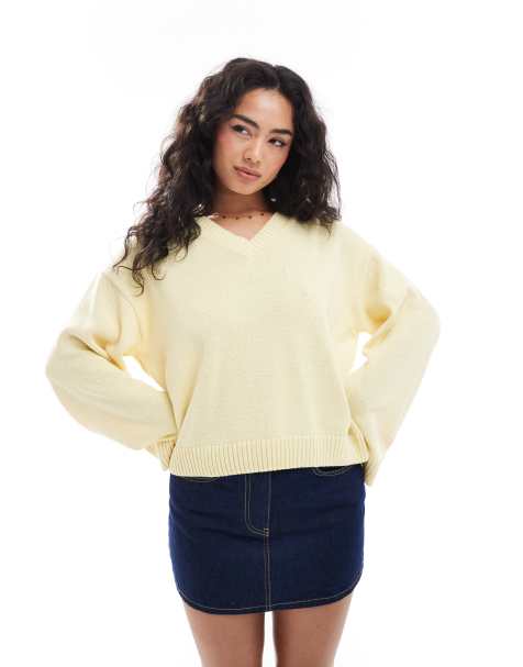 ASOS DESIGN knitted v neck jumper with wide sleeve in buttermilk yellow