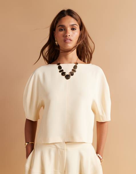 ASOS DESIGN – Kremowożółty elegancki top z prostym dekoltem i balonowymi rękawami, część zestawu - view 1