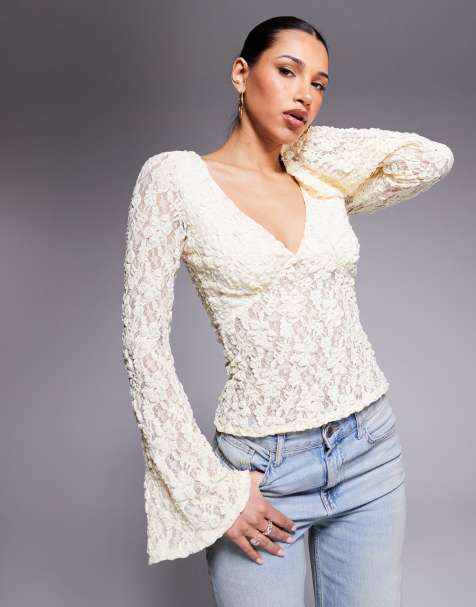 ASOS DESIGN lace plunge flute sleeve top in buttermilk