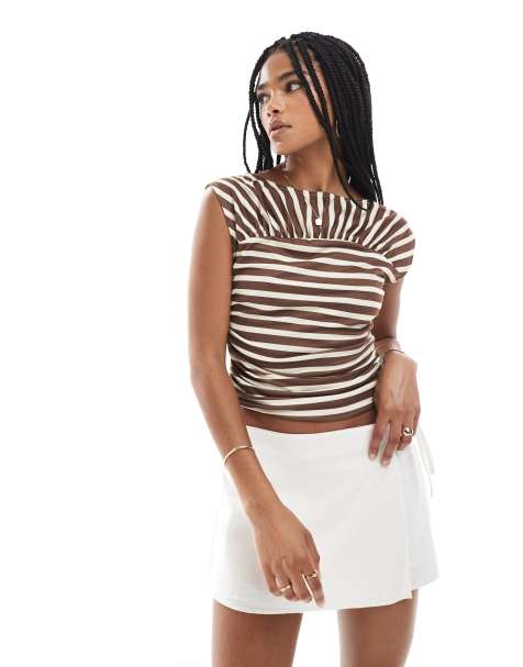 ASOS DESIGN stripe cut about ruched cinched top in buttermilk