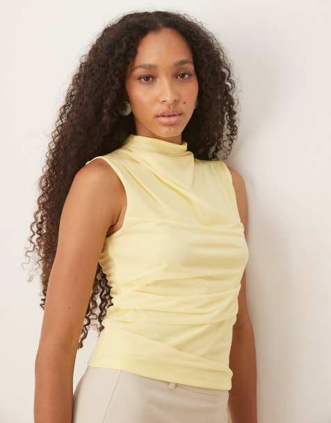 ASOS DESIGN semi sheer high neck ruched top in butter yellow