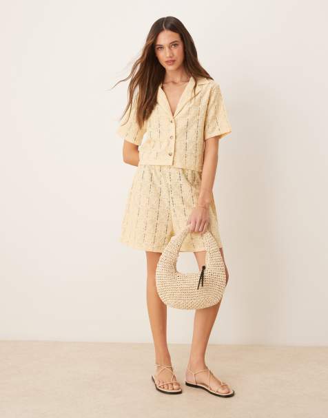 ASOS DESIGN – Kremowożółty prześwitujący zestaw szydełkowany o luźnym kroju: koszula i szorty - view 1