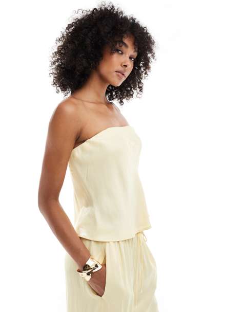 ASOS DESIGN – Kremowożółty satynowy trapezowy top o wydłużonym fasonie z dekoltem typu bandeau, część zestawu - view 1