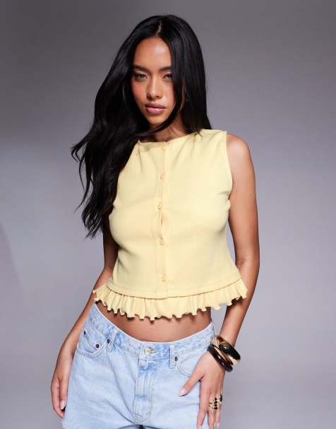 ASOS DESIGN mini rib button through top with mini frill hem in buttermilk