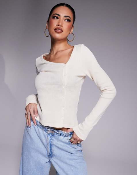 ASOS DESIGN asymmetric long sleeve waffle cardigan in cream