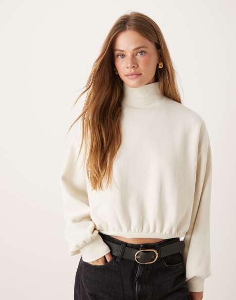 ASOS DESIGN Supersoft curved hem high neck jumper with balloon sleeve in cream - CREAM