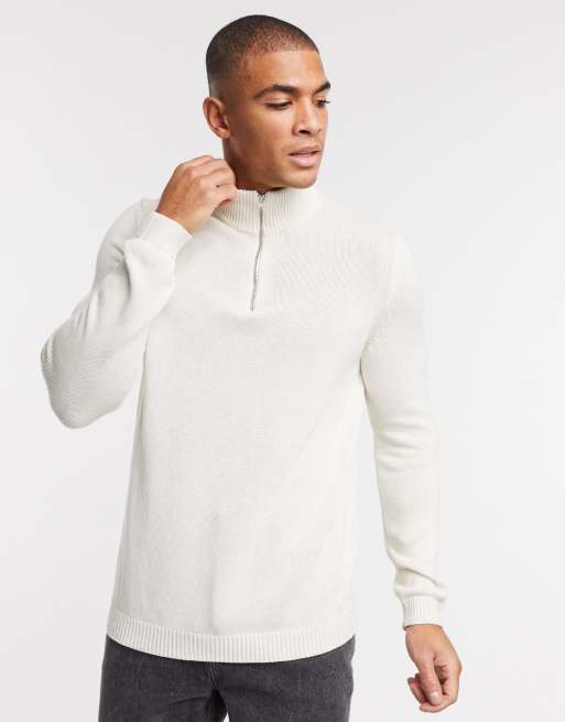 ASOS DESIGN – Kremowy bawełniany sweter z suwakiem pod szyją
