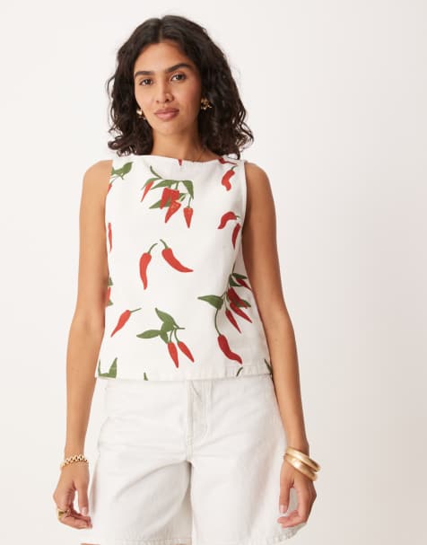 ASOS DESIGN denim tank top with slash neck in chili print in ecru
