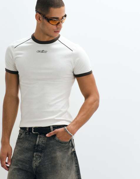 ASOS DESIGN – Kremowy dopasowany T-shirt z kontrastową lamówką i grafiką - view 1