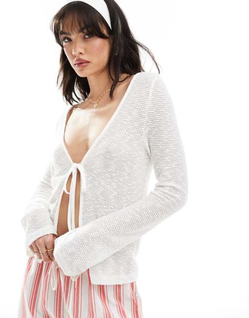 ASOS DESIGN – Kremowy dzianinopodobny kardigan z długimi rękawami i wiązaniem z przodu